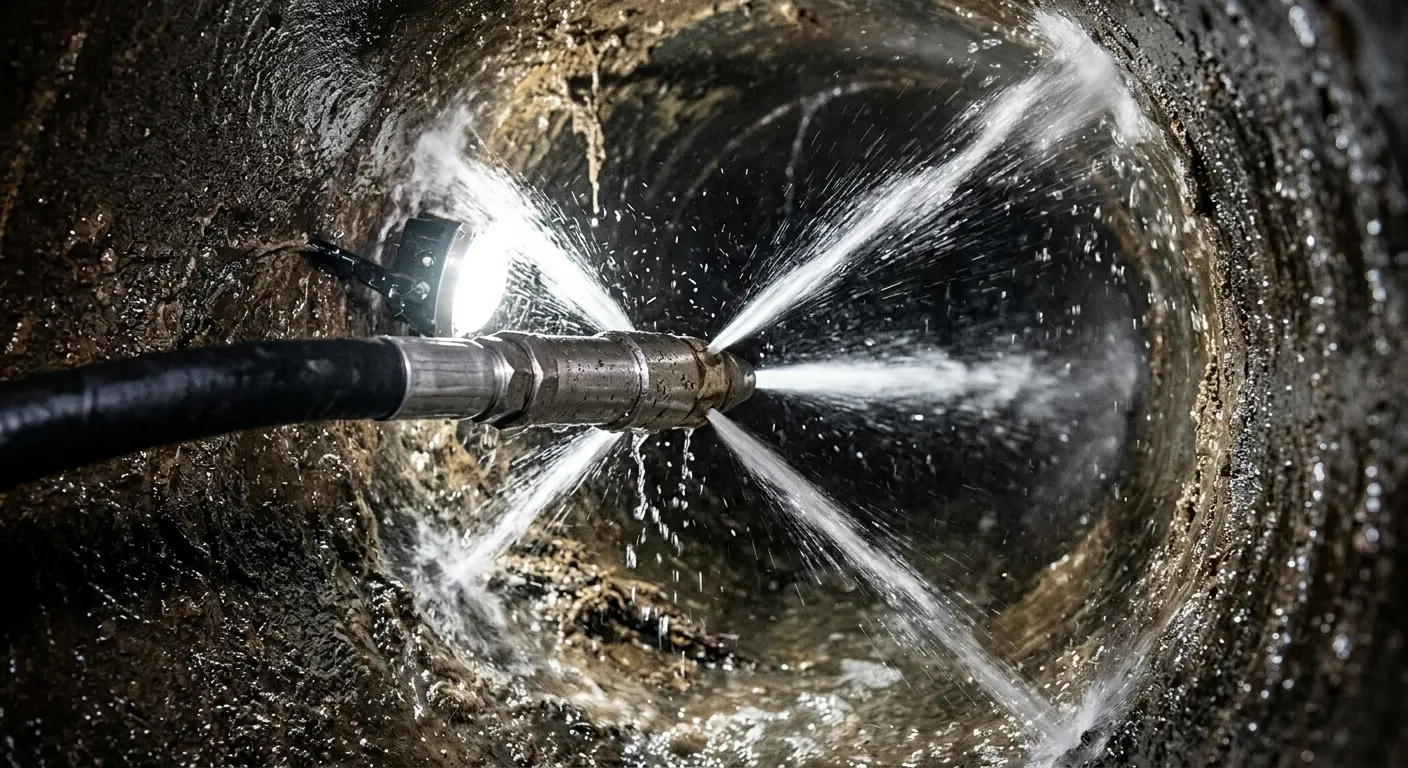 High-pressure hydro jetting nozzle cleaning sewer pipe for Storm Drain Cleaning in Bartlesville