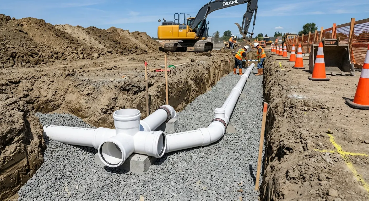 New PVC sewer pipe installation in open trench for Sewer Backup in Bartlesville